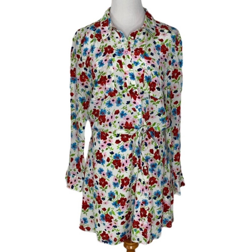 Veronica Beard White Floral Mini Dress with Red & Blue Flowers